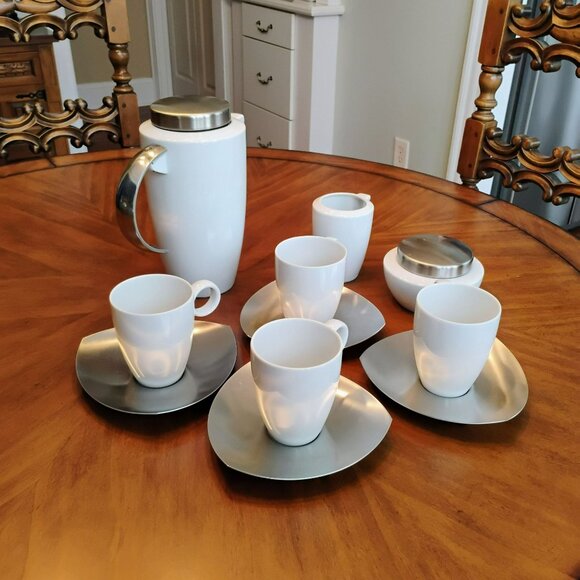 MCM Thomas Rosenthal Vario Porcelain & Stainless Coffee Set, Postmodern Cups Pot - Picture 11 of 12